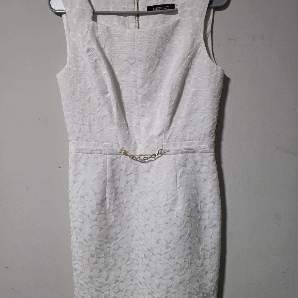 Ellen Tracy White Textured Sheath Dress with Gold Chain Accent